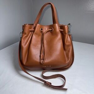 Cole Haan Cognac Brown Pebbled Leather Drawstring Bucket Bag Crossbody Handbag
